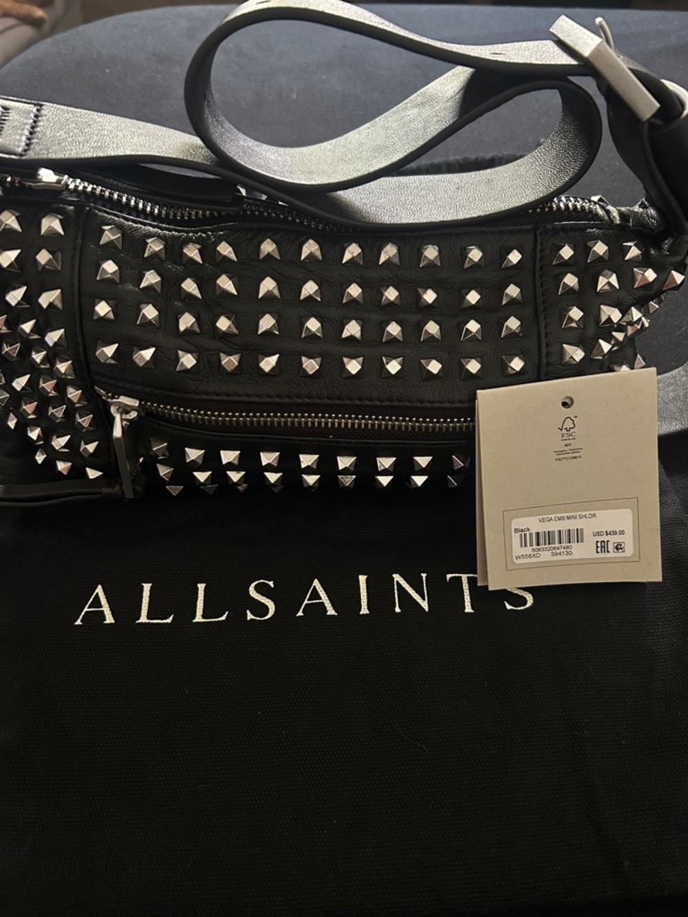 AllSaints Black Leather Studded shoulder Bag with Silver Hardware